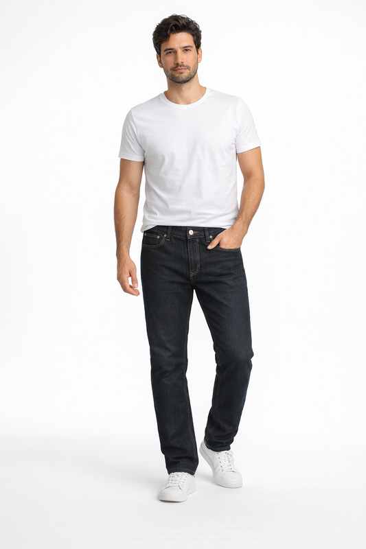 Men’s Washed Black Straight Jeans — Mid-Rise Stretch Denim