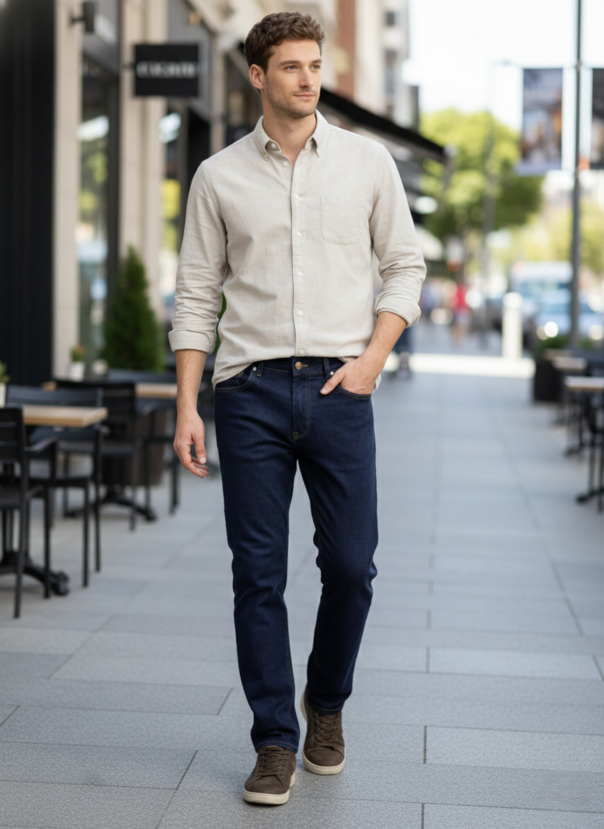 Men’s Navy Blue Classic Straight Jeans — Comfortable Slim Comfort Fit