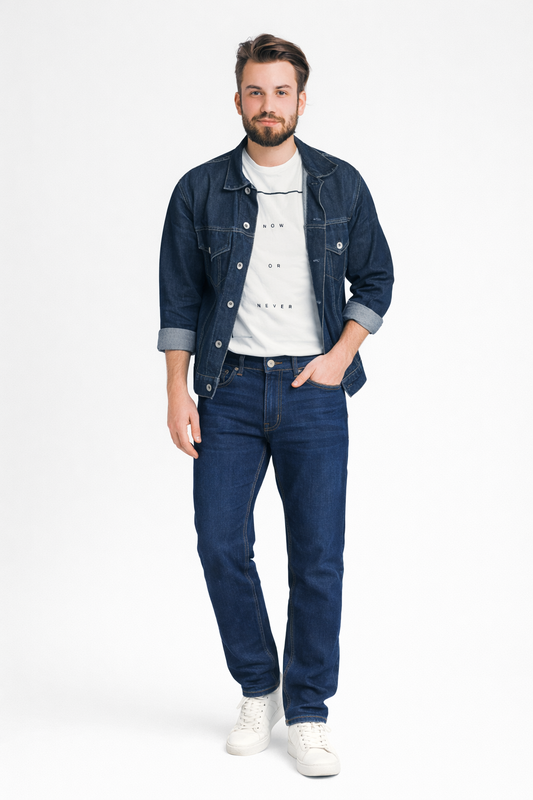 Men’s Deep Navy Classic Straight Jeans — Mid-Rise Stretch Denim