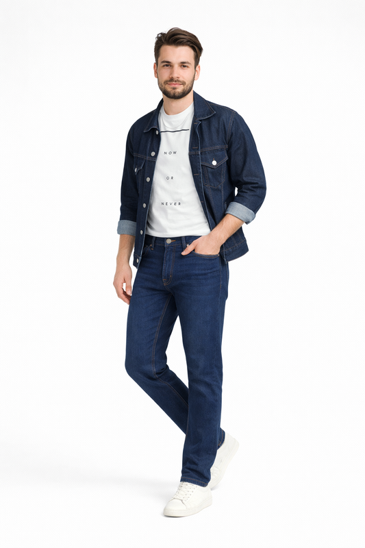 Men’s Deep Navy Classic Straight Jeans — Mid-Rise Stretch Denim