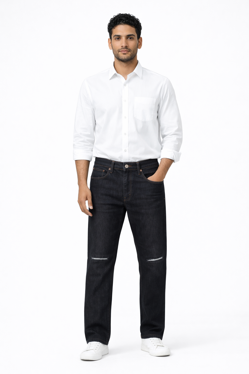 Men’s Black Slim-Straight Jeans with Subtle Knee Distress | Premium Stretch Denim