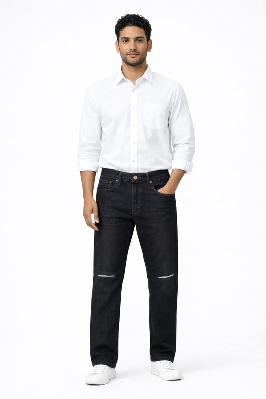 Men’s Black Slim-Straight Jeans with Subtle Knee Distress | Premium Stretch Denim