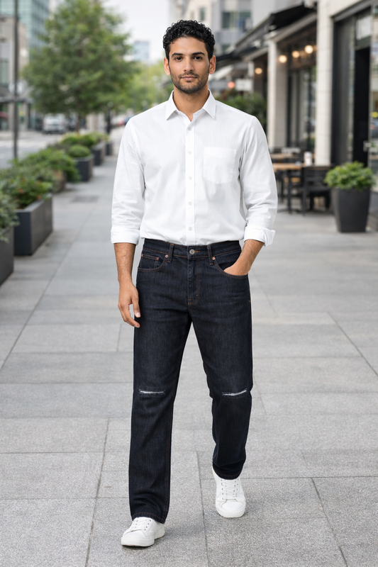 Men’s Black Slim-Straight Jeans with Subtle Knee Distress | Premium Stretch Denim